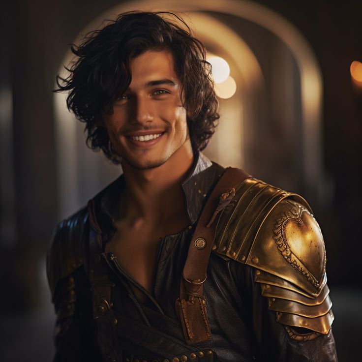 a man dressed in armor smiling at the camera