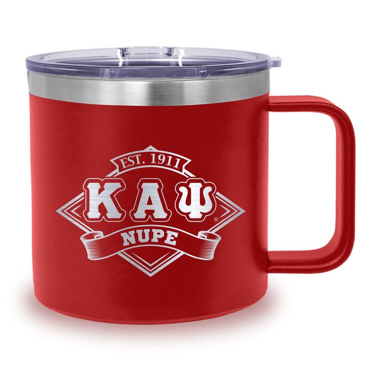 a red coffee mug with the words kau nup on it and an image of a