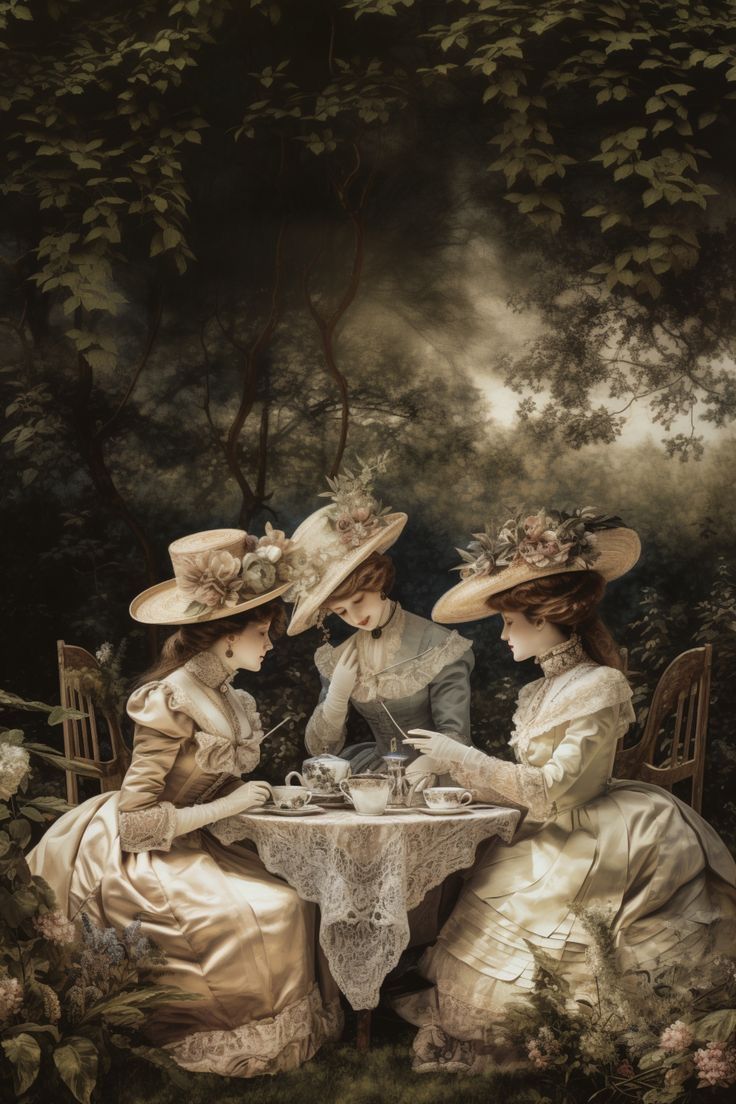 three women sitting at a table in front of a forest with trees and flowers on it