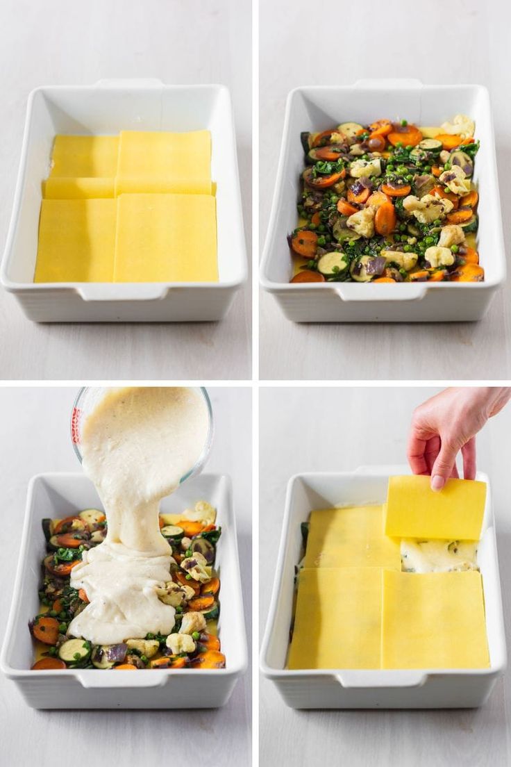 four pictures showing how to make a casserole dish with vegetables and cheese in it