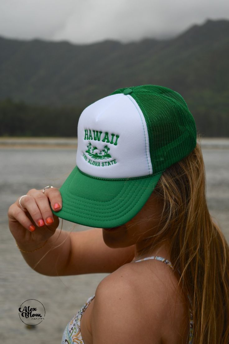 Aloha State - Alex Blom Creates Happy Place Collection embroidered hat, summer hats, beachy hats, trucker hat, aloha state hat, green hats, coconut girl aesthetic, hawaii outfit, aloha state, embroidery Green Adjustable Trucker Hat With Curved Bill, Adjustable Green Trucker Hat With Curved Bill, Adjustable Green 5-panel Trucker Hat, Green Summer Trucker Hat With Visor, Fun Green Baseball Cap With Curved Brim, Trendy Green Baseball Cap With Visor, Green Trucker Hat With Curved Brim, Fun Green Adjustable Baseball Cap, Casual Green 5-panel Trucker Hat