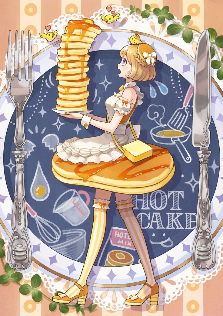 a woman holding a stack of pancakes on top of a plate with forks and knives