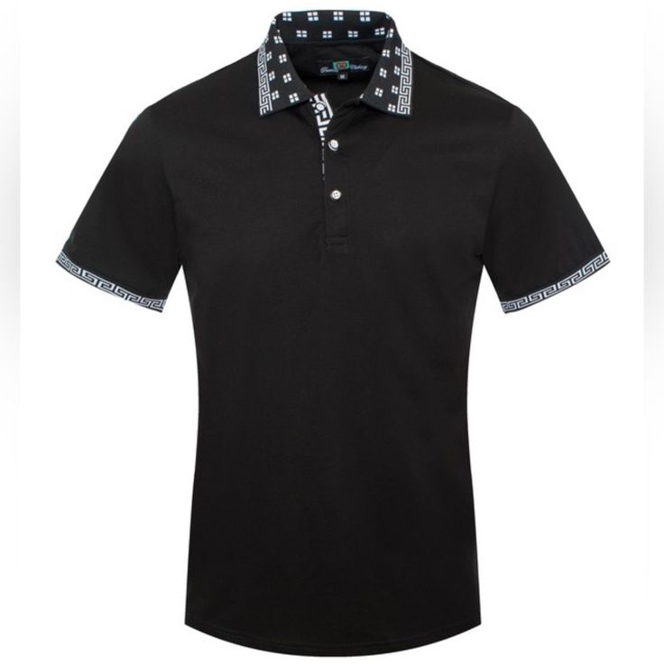 New 97% Cotton 3% Spandex Greek Key Design Black Stretch Collared Top, Fitted Black Cotton Polo Shirt, Black Fitted Cotton Polo Shirt, Black Cotton Polo Shirt For Business Casual, Black Slim Fit Collared Top, Black Polo Collar Shirt For Business Casual, Elegant Black Polo Shirt For Work, Black Fitted Polo Shirt For Summer, Fitted Black Summer Polo Shirt