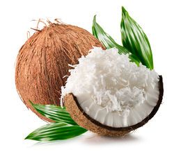 coconuts with green leaves and white rice in the center on a white background,