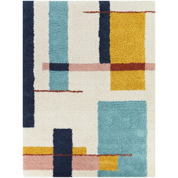 an area rug with various colors and shapes on the floor, including blue, yellow, pink