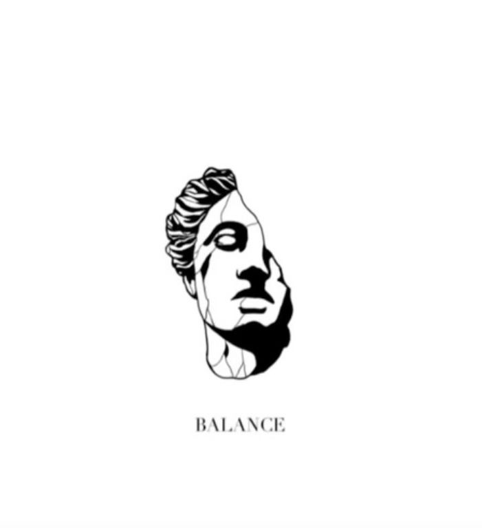 a black and white image of a man's face with the word balance on it