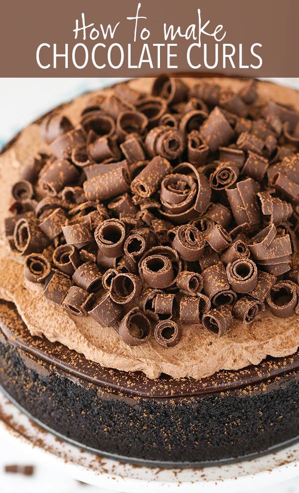 a cake with chocolate curls on top and the words how to make chocolate curls above it