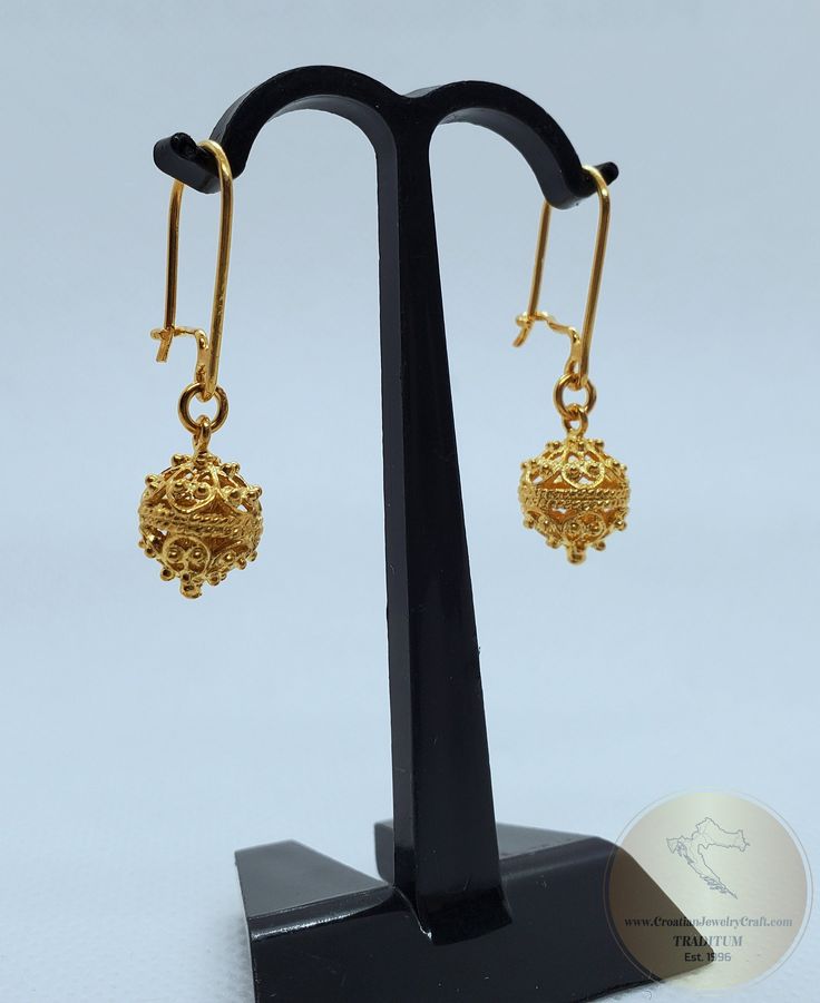 "★ Traditional Croatian filigree ball earrings, handcrafted in solid 14 k gold. Replicas of 19th century Ethnic, Heritage jewelry from Dubrovnik - Dalmatia region. Simple in style, versatile to wear with any outfit, and perfect for any occasion. Earrings end with secure, latching type of ear-wires. ★ *These earrings are handmade on order in 7-10 business days* Due to the handmade creation, every pair is unique, so there can be tiny variations in dimensions of the finished earrings. They are on a Traditional Hypoallergenic Drop Earrings, Elegant Formal Jhumkas Drop Earrings, Elegant Drop Earrings Jhumkas For Anniversary, Elegant Drop Jhumkas For Anniversary, Elegant Jhumkas For Anniversary, Elegant Jhumkas For Formal Occasions, Gold Plated Filigree Earrings For Formal Occasions, Gold Plated Filigree Bridal Earrings As Gift, Elegant Hallmarked Drop Earrings Jhumkas