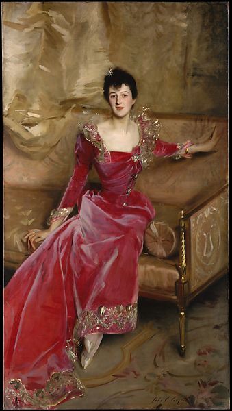 a painting of a woman in a red dress sitting on a couch