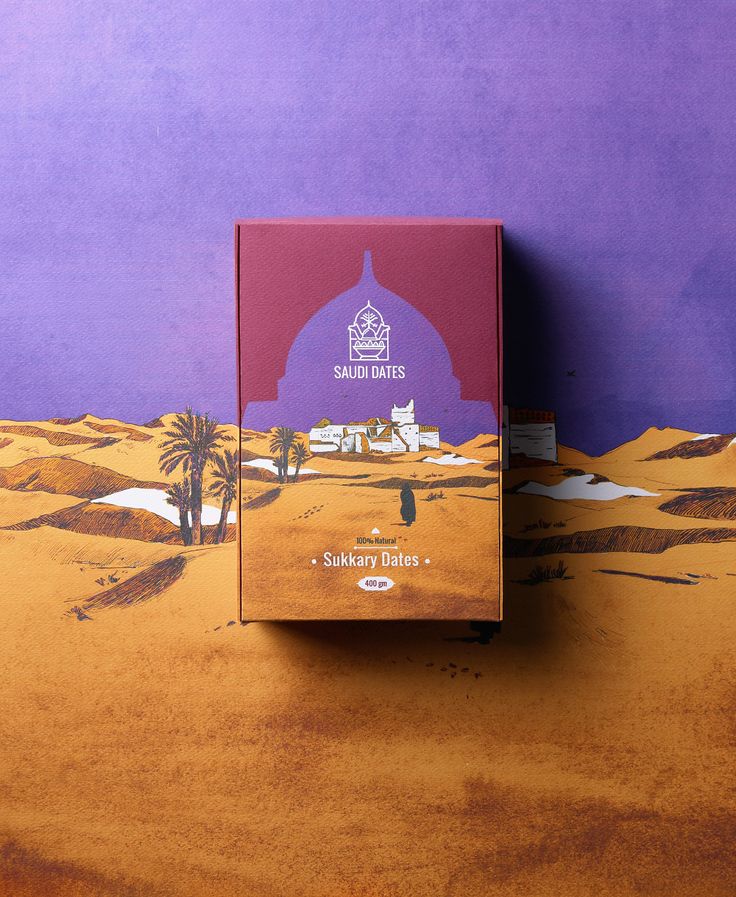 a box sitting on the ground in front of a wall with a desert scene painted on it