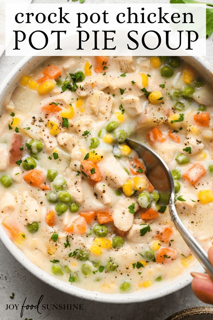 a bowl of chicken pot pie soup with a spoon in it and the text overlay reads crock pot chicken pot pie soup