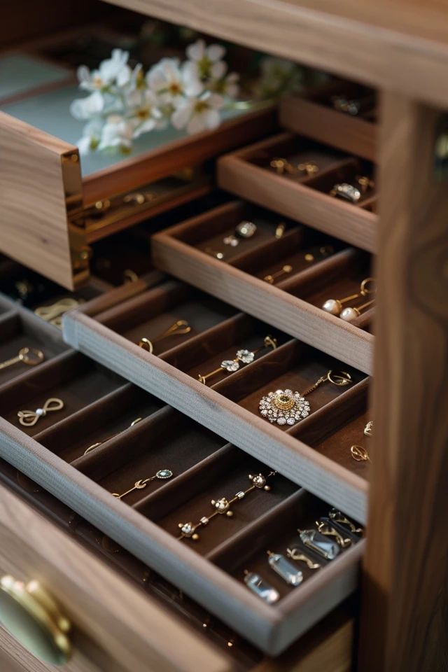 the drawers are filled with many different types of jewelry