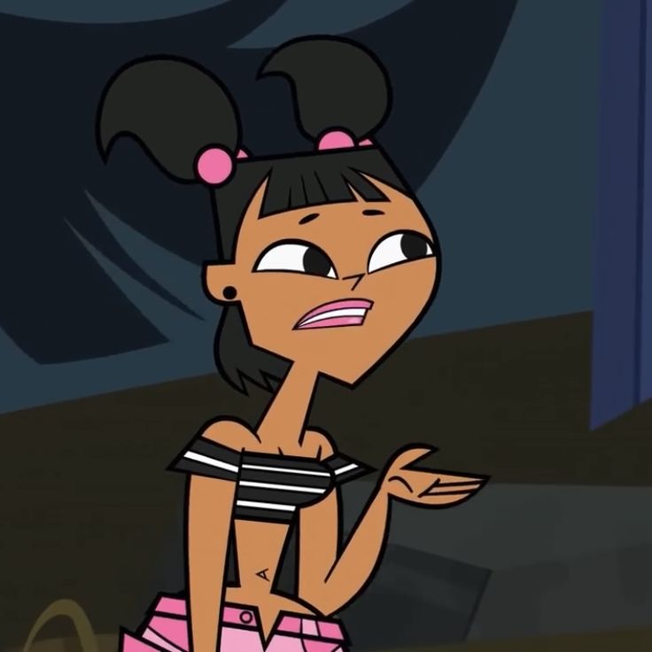 a cartoon girl with black hair and pink shorts is talking to someone in the background