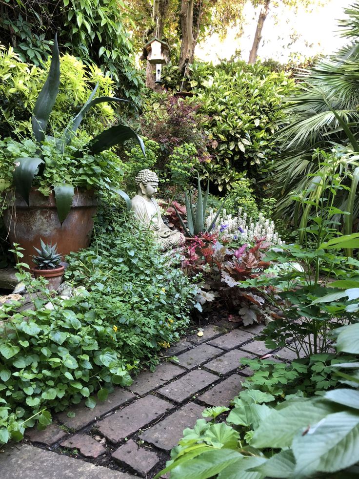 a garden with lots of green plants and brick walkway leading to the front door, surrounded by greenery