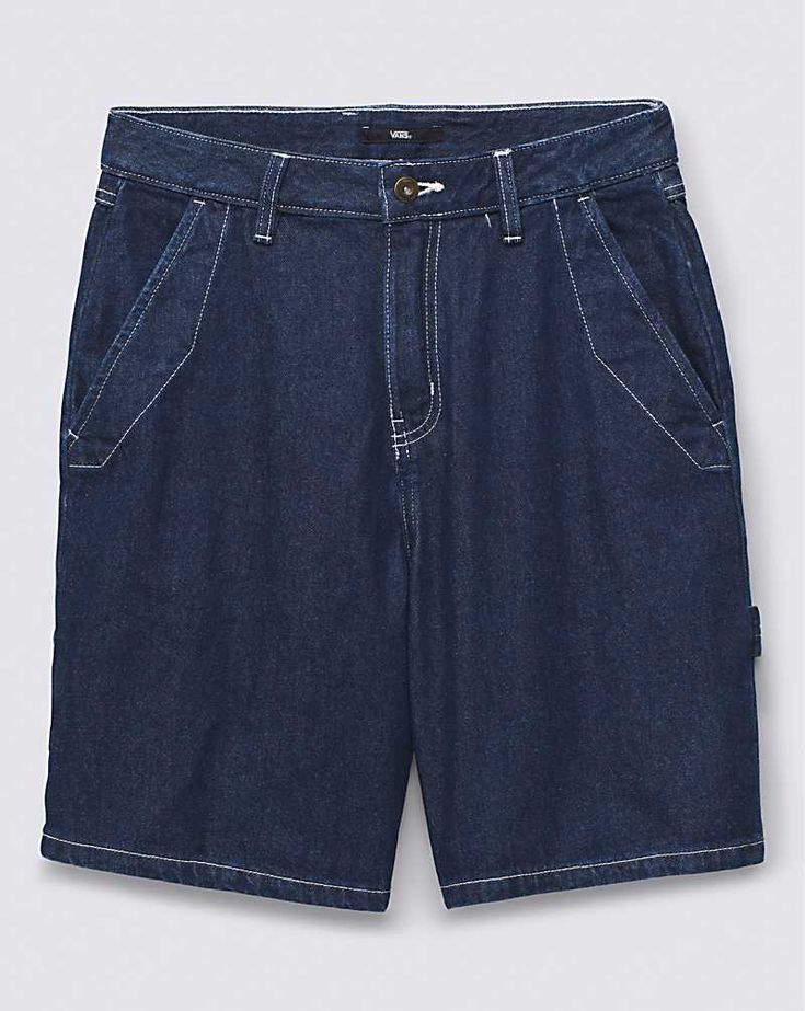 Utility Style Medium Wash Jean Shorts, Utility Denim Jean Shorts, Utility Denim Cargo Shorts, Dark Wash Cotton Jean Shorts With Side Pockets, Cotton Jean Shorts With Side Pockets In Dark Wash, Relaxed Fit Cotton Shortalls, Cotton Relaxed Fit Shortalls, Cotton Shortalls With Relaxed Fit, Utility Cargo Shorts For Workwear