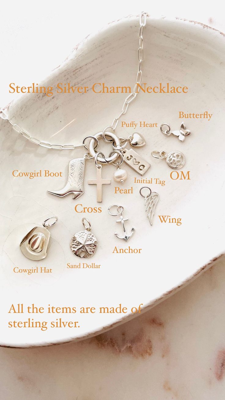 Mix and match your favorite pendant charms to create a story necklace.When you add this piece to your cart, the form will prompt you to leave the following details.Examples:Tag - Initial ( J Heart C )Pearl DropCrossPuffy HeartAnchorSand DollarHummingbirdCowgirl HatCowgirl BootOM WingMini Butterfly Item Details:• This listing is for one necklace. The charm is not included in the listing and must be purchased separately.• All metal components are sterling silver.• Clasp Size 14mm. Sterling Silver Necklaces With Dangling Charms, Silver Initial Pendant Jewelry With Dangling Charms, Spiritual Charms Necklaces For Mother's Day, Sterling Silver Necklace With Initial Pendant And Dangling Charms, Customizable Dangle Necklaces For Gifts, Silver Charm Necklace With Initial Pendant And Dangling Charms, Sterling Silver Initial Pendant Charm Necklace With Dangling Charms, Dangling Charms Charm Necklace For Mother's Day, Sterling Silver Jewelry With Dangling Initial Charms