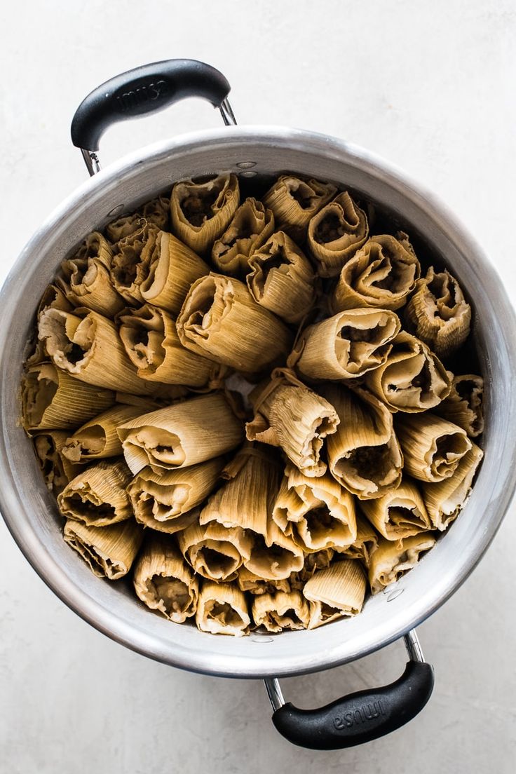 an overhead view of some food in a pot