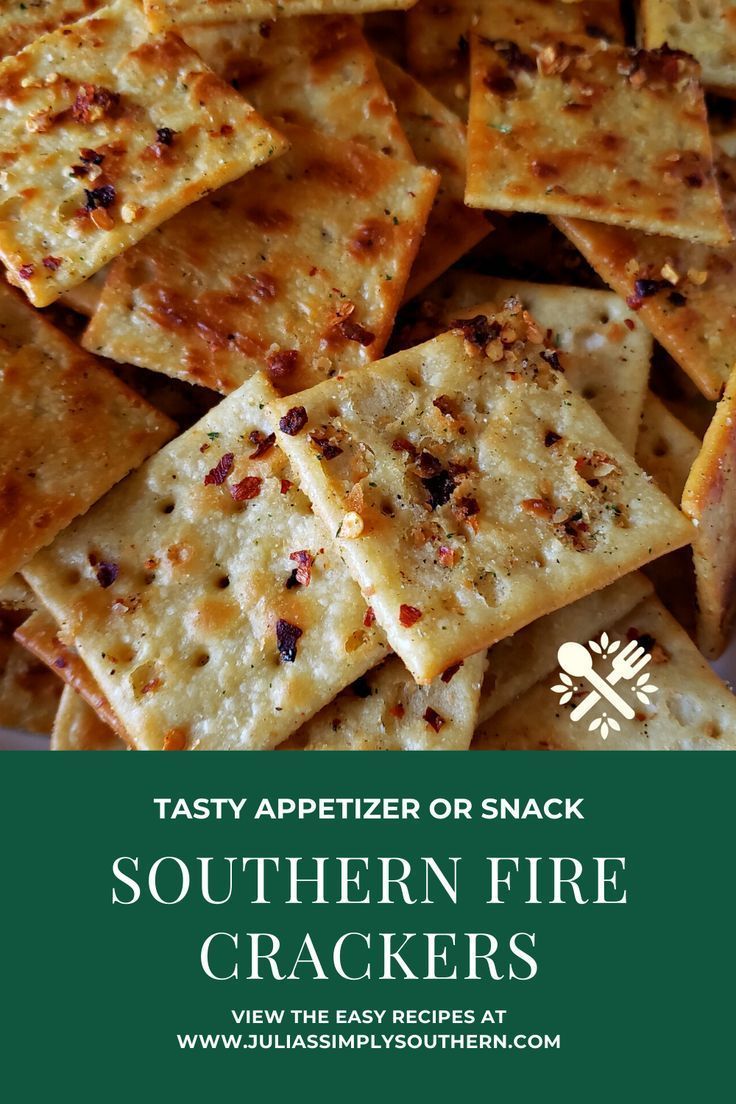 some crackers are sitting on a plate with the words tasty appetizer snack southern fire crackers