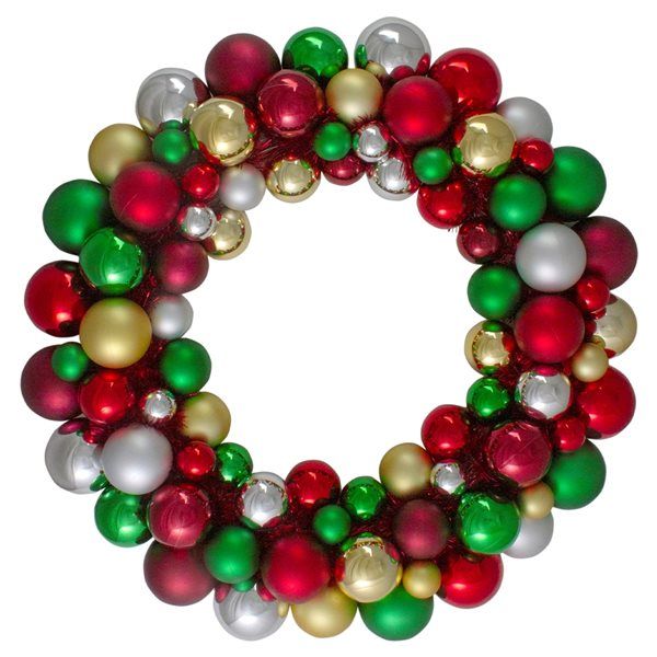 a christmas wreath with red, white and green ornaments