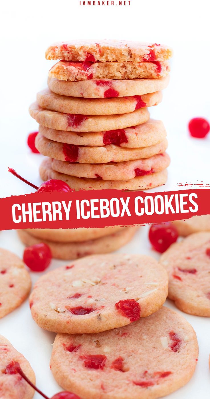 A stack of icebox cookies, and a second image of icebox cookies on a white work surface. Cherry Icebox Cookies, Icebox Cookies Recipe, Freezer Box Cookies, Valentine's Day Dessert Boxes, Sliced Cookies Recipes, Cherry Ice Box Cake, Cherry Ice Box Cookies, Icebox Cookie Recipes, Refrigerator Cookie Dough Recipes