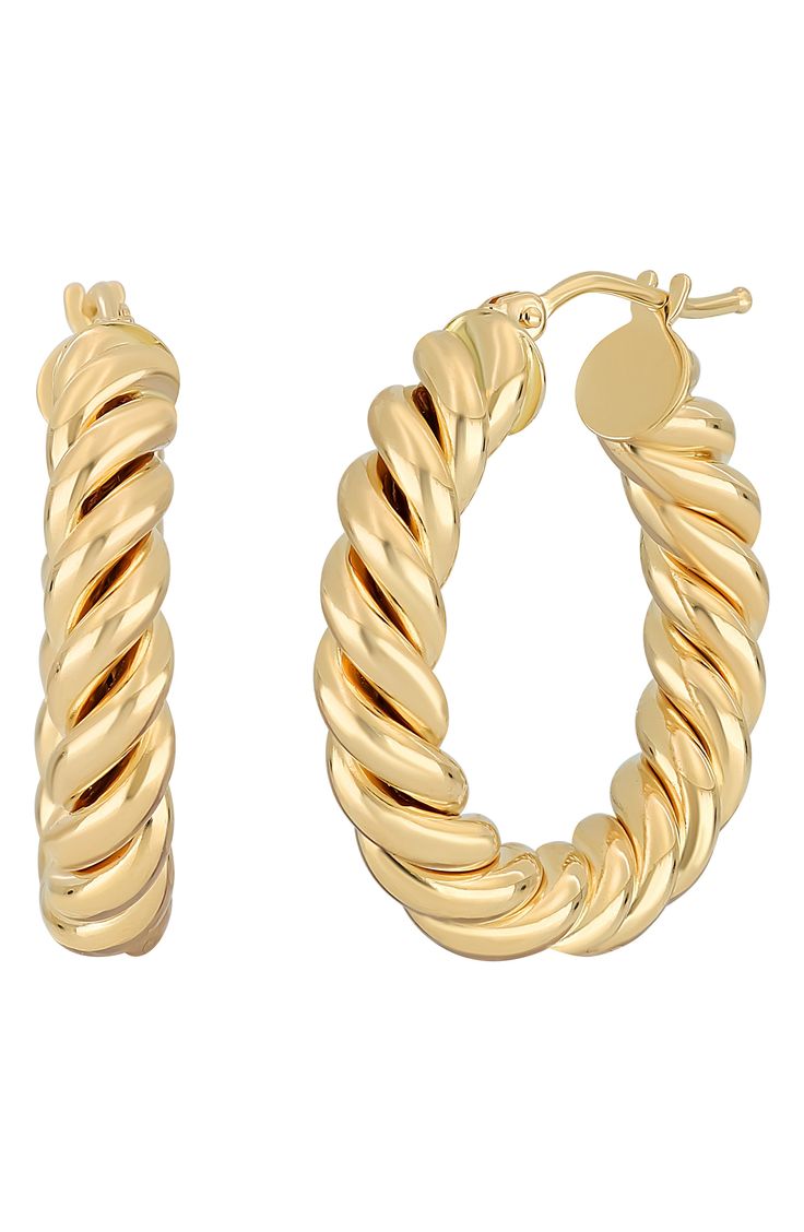 Add a twist to everyday ensembles with hoops handcrafted from 14-karat gold. 1" hoop diameter; 1/4" width 14k gold Made in Italy 14k Yellow Gold Twisted Earrings, Twisted 14k Yellow Gold Earrings, 14k Gold Hoop Earrings With A Modern Twist, Twisted 14k Yellow Gold Hoop Earrings, Yellow Gold Hoop Earrings With A Modern Twist, Modern Twist 14k Gold Hoop Earrings, Modern Twist Yellow Gold Hoop Earrings, Twisted Gold Plated Yellow Gold Hoop Earrings, Twisted Yellow Gold Hoop Earrings, Tarnish Resistant