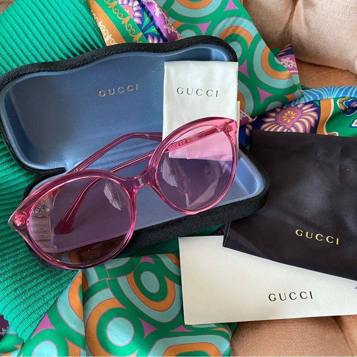 Gucci Pink Gradient Sunglasses , New In Case , Gucci Logo At Lens Top , Gucci Gold Tone Logo At Side Temple Frame , Model Gg0257s, Retro Style , Comes With The Black Soft Velour Style Case , Dust Cloth And Dust Bag For The Glasses . Comes From A Non Smoking Home . Elegant Pink Glass Sunglasses, Gucci Pink Sunglasses With Uv Protection, Pink Gucci Sunglasses With Uv Protection, Luxury Pink Glass Sunglasses, Gucci Pink Sunglasses With Tinted Lenses, Gucci Pink Tinted Sunglasses, Designer Pink Tinted Sunglasses, Elegant Pink Gucci Sunglasses, Chic Pink Gucci Sunglasses