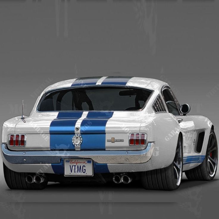 a white and blue mustang with stripes on it