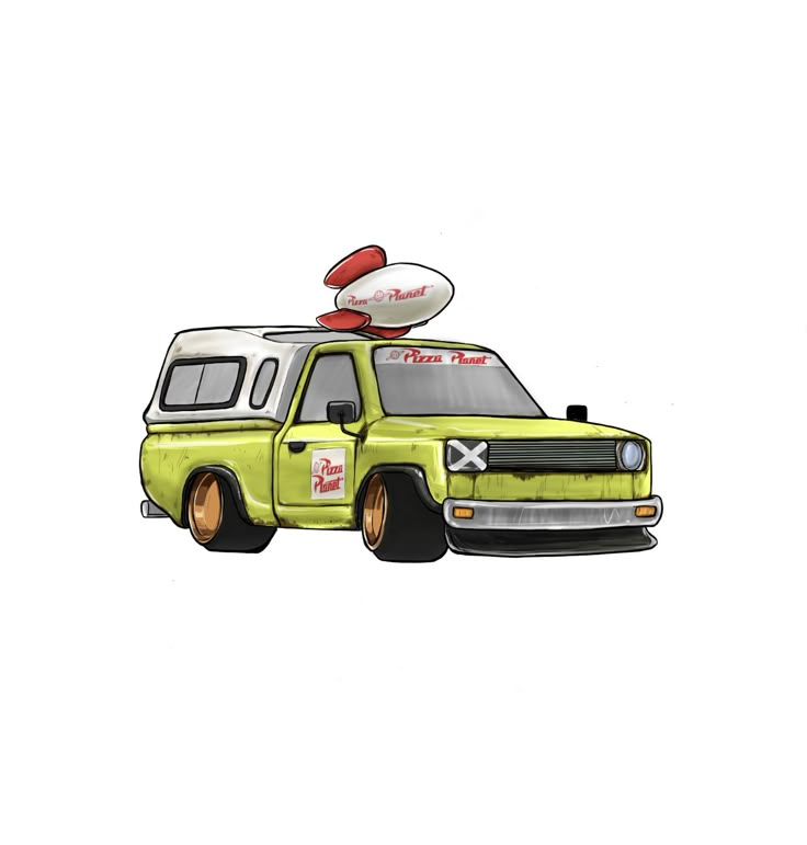 a drawing of a truck with a surfboard on top