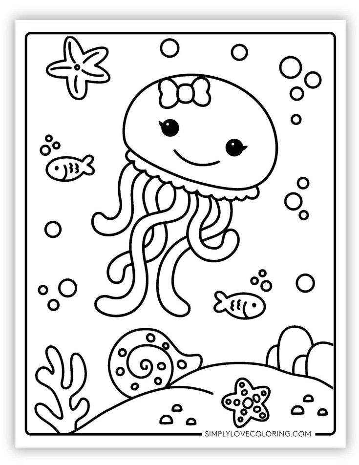 a coloring page with an octopus and jellyfish