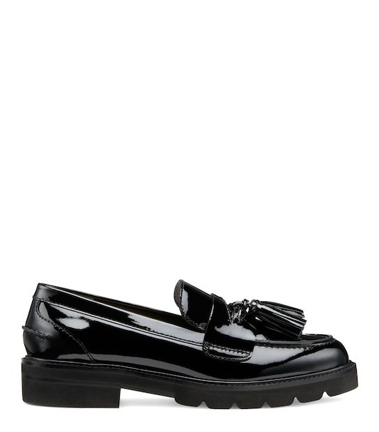 Black Slip-on Tassel Loafers For Galas, Elegant Slip-on Flat Platform Loafers, Office Patent Leather Tassel Loafers With Round Toe, Flat Heel Loafers With Leather Footbed For Galas, Patent Leather Brogue Loafers, Patent Leather Brogue Loafers Slip-on, Medium Width Loafers With Rubber Sole, Classic Slip-on Tassel Loafers With Flat Heel, Medium Width Flat Loafers With Rubber Sole