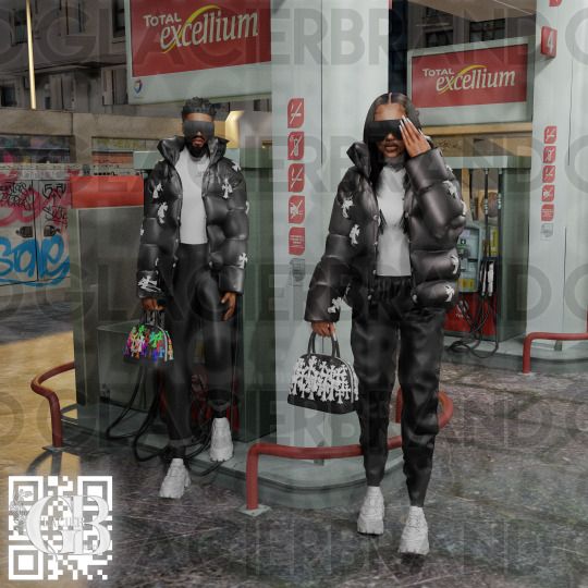 two mannequins dressed in black and white are standing next to each other