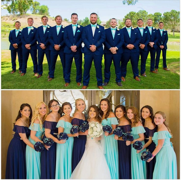 the bride and groom are posing for pictures with their bridal party in blue dresses