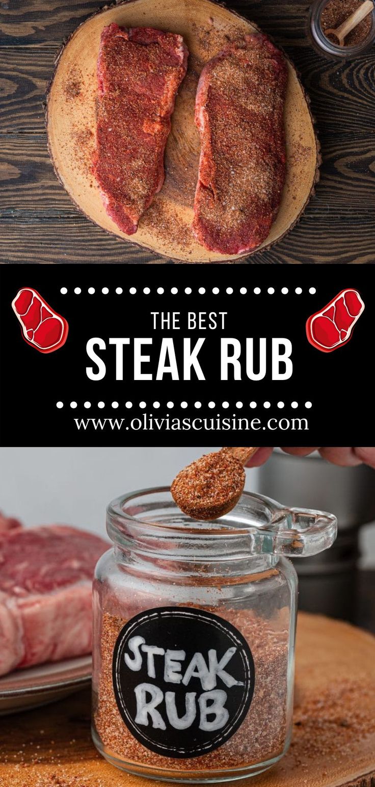 steak rub in a glass jar on top of a wooden cutting board with the words steak rub above it