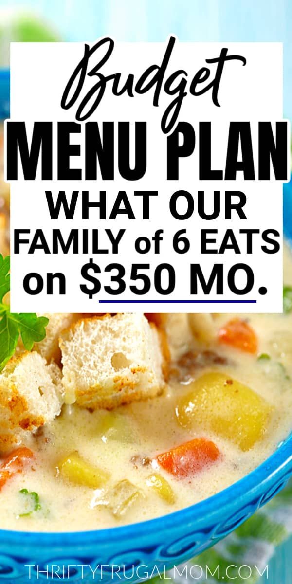 a blue bowl filled with soup next to a sign that says budget menu plan what our family of 6 eats on $ 350 no