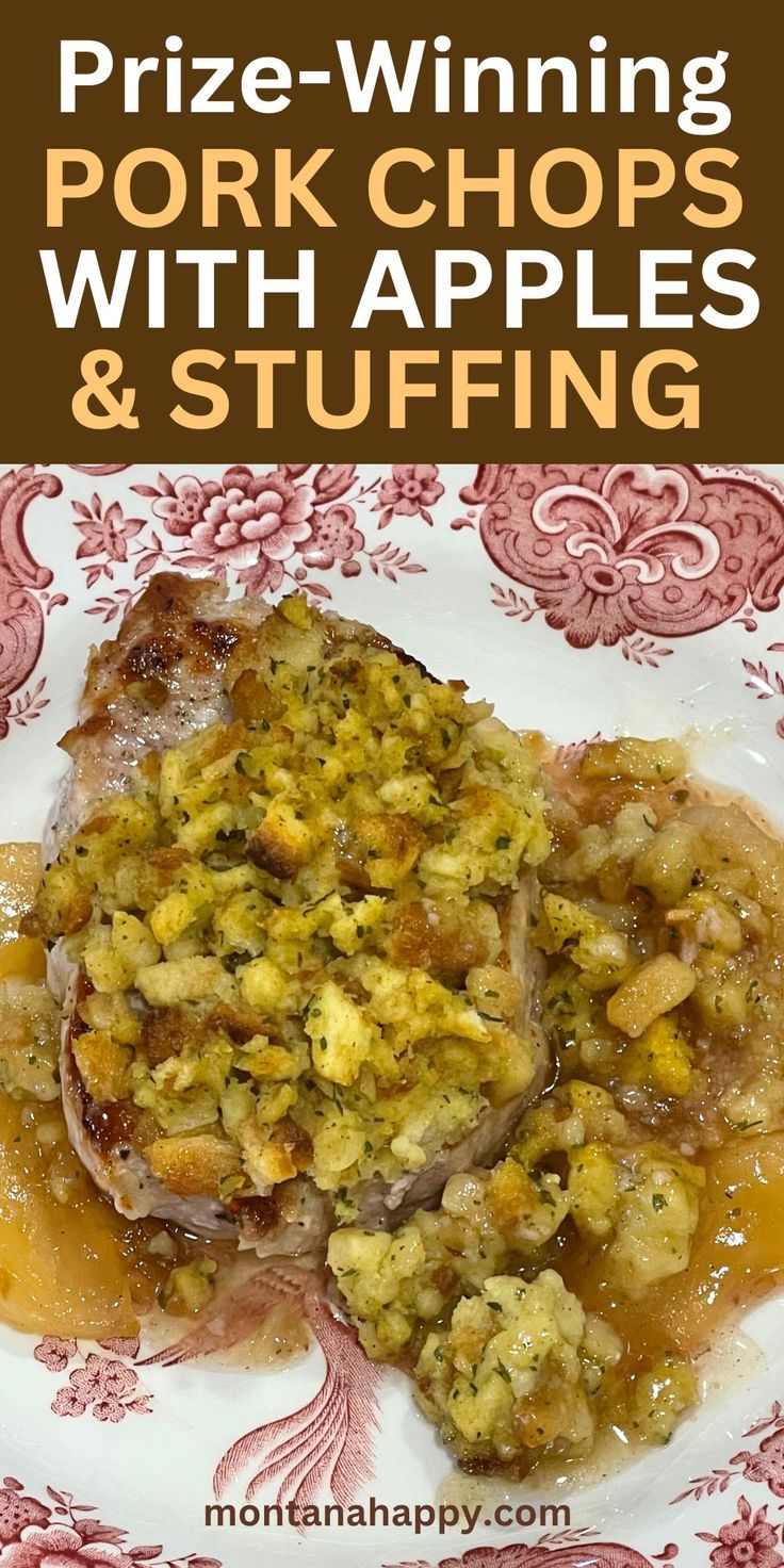 a white plate topped with pork chops and stuffing