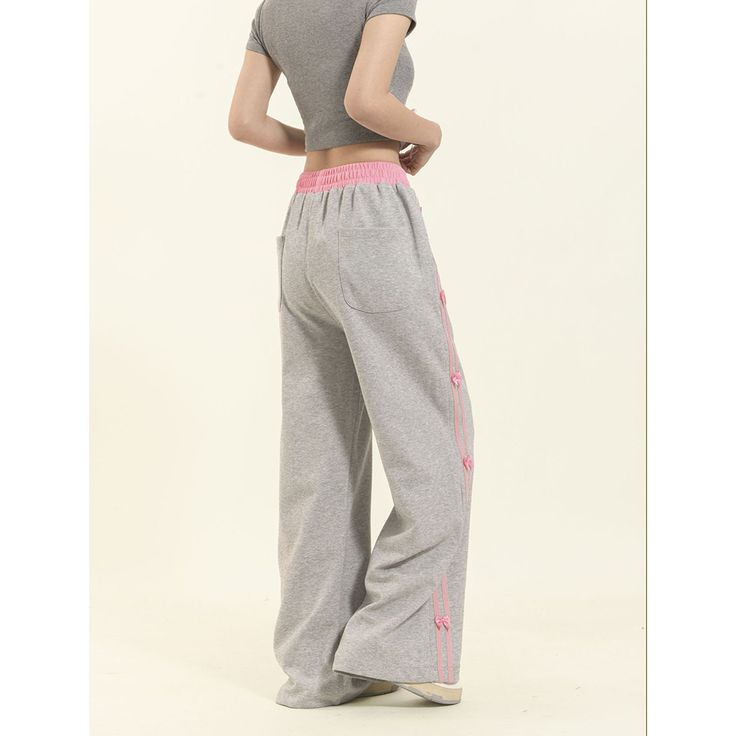 Retro Bow Sweatpants Fabric: 72%Cotton+28%Polyester Size: S, M, L, XL, Multiple Color Selections: Blue, Gray  Season: Spring, Fall, Winter Gray Straight Leg Bottoms For Leisure, Sporty High Waist Leisure Bottoms, Sporty High Waist Bottoms For Leisure, Sporty High-waist Bottoms For Leisure, Sporty Wide Leg Cotton Bottoms, Sporty High-waisted Cotton Bottoms, High Waist Comfortable Bottoms For Leisure, Full Length Leisure Bottoms With Pockets, Leisure Full-length Bottoms With Pockets