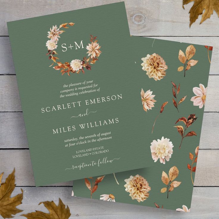 two wedding cards with flowers and leaves on them, one is green and the other is gold