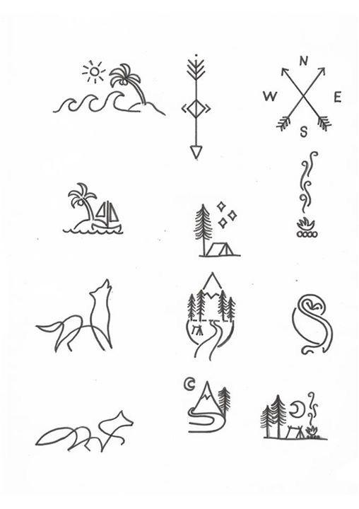 an image of various symbols on a white background, including trees and mountains in black ink