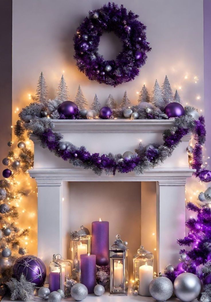 a fireplace decorated for christmas with purple and silver decorations on the mantle, candles and wreaths