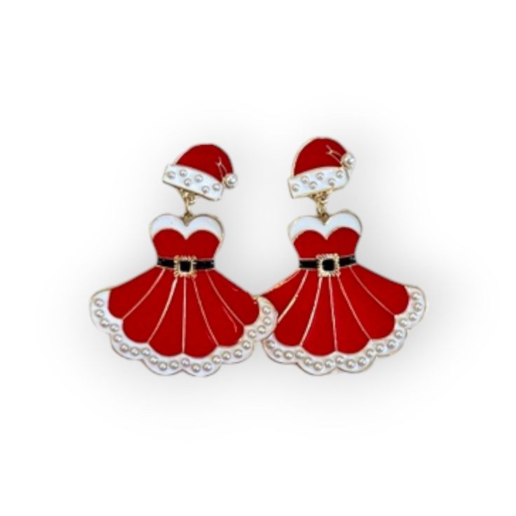 Wear your holiday cheer with these Mrs Claus Dress Earrings! These festive earrings feature a whimsical dress silhouette that will add a pop of glitter to any outfit! Perfect for dressy and casual occasions alike, these earrings will be sure to bring you some extra holiday cheer this season! Holiday Winter Drop Earrings, Winter Holiday Drop Earrings, Christmas Party Drop Earrings, Elegant Holiday Earrings For Festive Occasions, Elegant Festive Holiday Earrings, Elegant Winter Earrings For Party, Elegant Holiday Festive Earrings, Holiday Party Drop Earrings, Red Christmas Earrings For Party