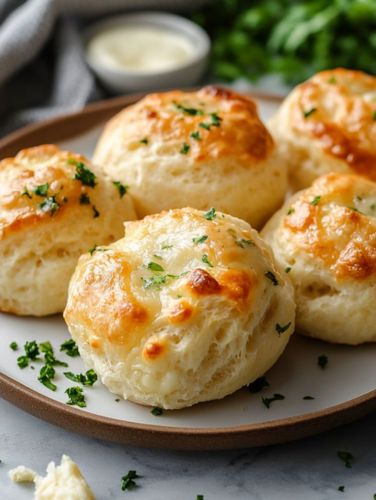 several biscuits on a plate with parsley sprinkled around the edges and topped with cheese