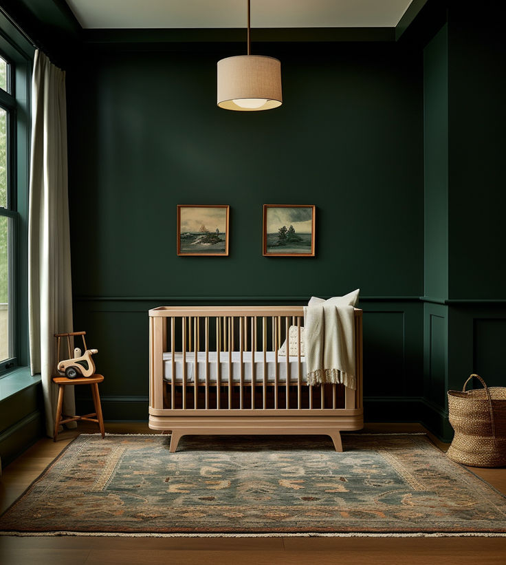 a baby crib in a green room with two pictures on the wall