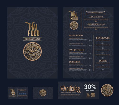 the thai food restaurant brochure is designed in gold and black with an image of a dragon on it