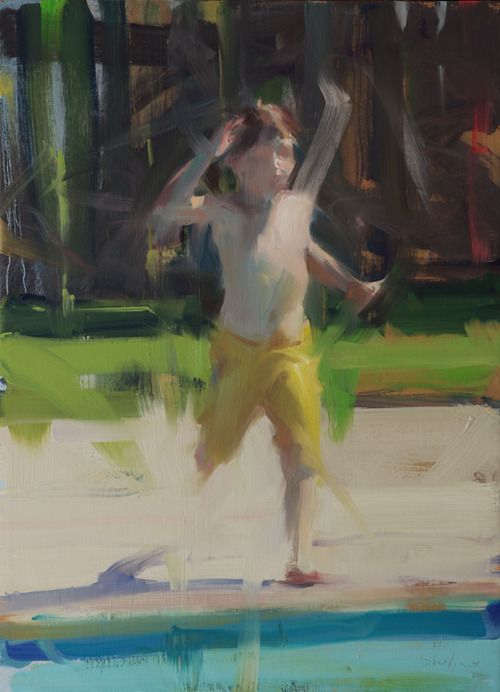 a painting of a young boy holding a baseball bat in his right hand and wearing yellow shorts