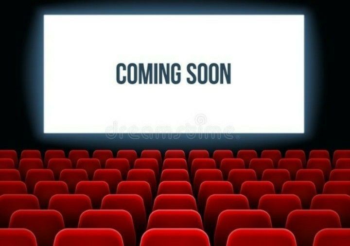 an empty theater with red seats and a large screen that says coming soon royalty illustration