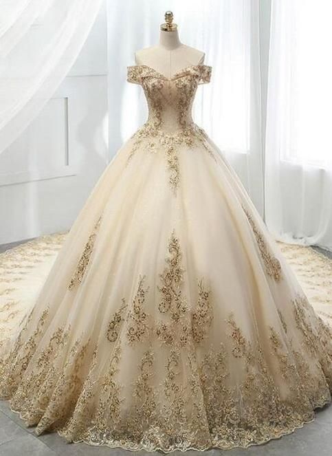 Champagne Ball Gown, Gold Evening Dresses, Lace Applique Wedding Dress, Western Wedding Dresses, Gold Wedding Dress, Wedding Dress Champagne, Tulle Evening Dress, Applique Wedding Dress, Fairytale Dress