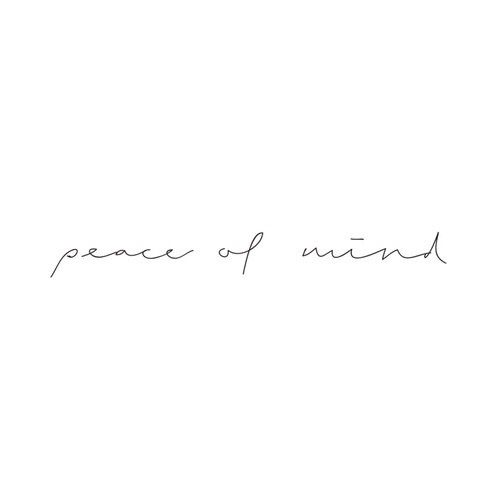 the words peace of mind are written in cursive writing on a white background