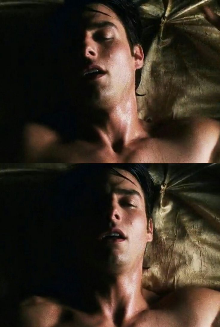 two pictures of a man laying in bed with his eyes closed and one is shirtless