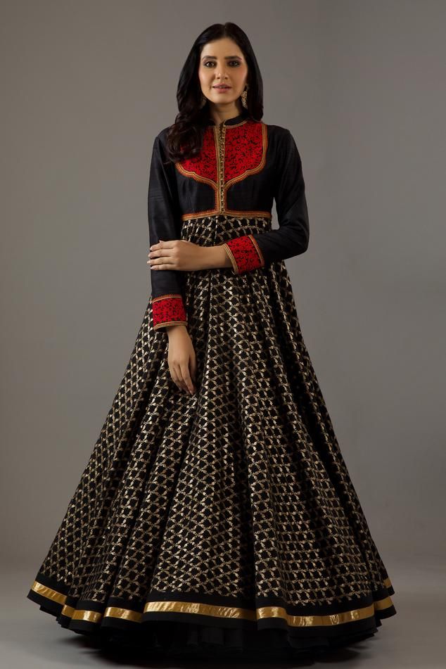 Black long sleeves mandarin collar neck flared anarkali with floral dori and banasai jaal embroidery. Paired with churidar and seer sucker detail dupatta.
Components: 3
Pattern: Embroidery
Type Of Work: Dori, Banasai Jaal
Neckline: Mandarin Collar
Sleeve Type: Long
Fabric: Silk Chanderi, Lining: Cotton
Color: Black
Other Details: 
Note: The cancan skirt worn by the model is not for sale
Occasion: Sangeet - Aza Fashions Cancan Skirt, Flared Anarkali, Jaal Embroidery, Seer Sucker, Rohit Bal, Collar Neck, Pattern Embroidery, Fabric Silk, Churidar