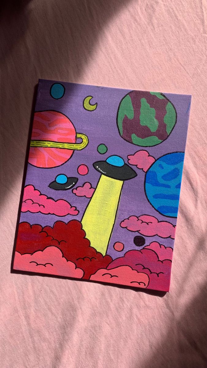 an image of a painting on a pink sheet that looks like it is floating in space